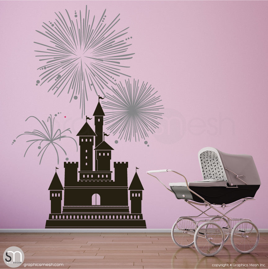 CASTLE WITH FIREWORKS - Wall decal large black and metallic silver
