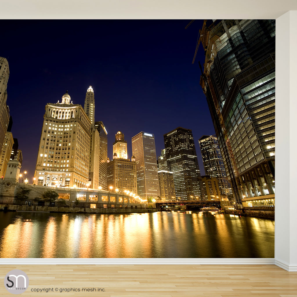 CHICAGO RIVER AT NIGHT - Wall Mural accent wall