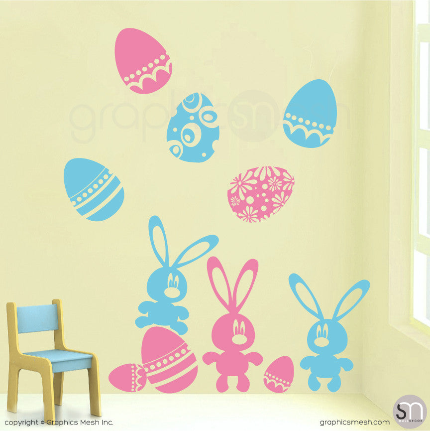 Easter bunnies and eggs in Pink and Sea Blue