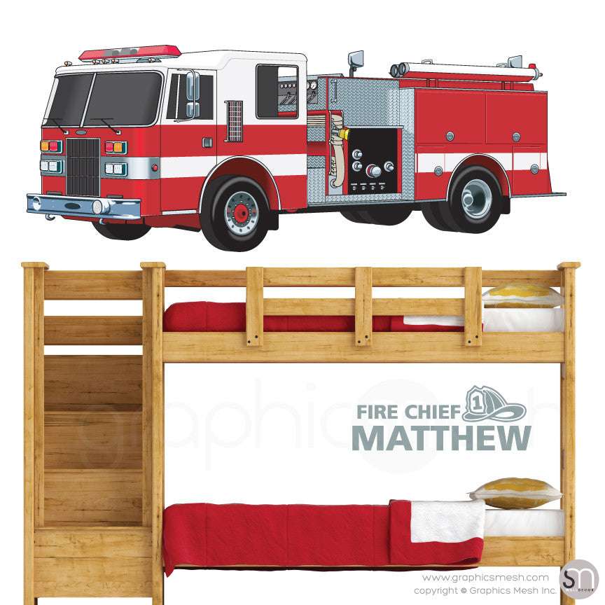 Fire Chief Personalized Name & Fire Truck - Wall decals large grey