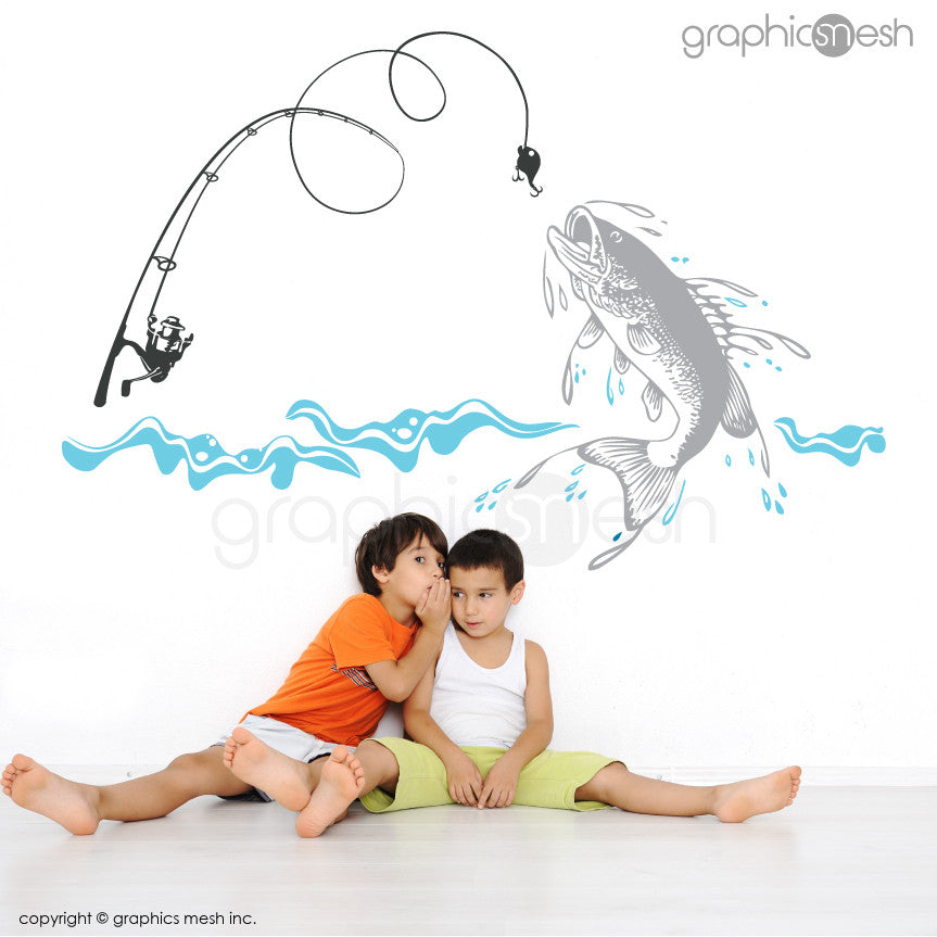 Fishing Scene: Huge fish, fishing rod & water - Wall Decals grey and blue