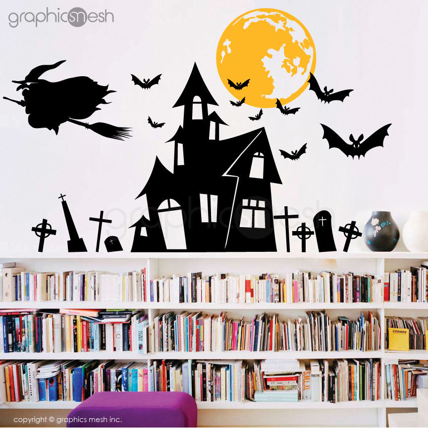 Halloween Witch's hunted house - Holiday wall decals Black and yellow