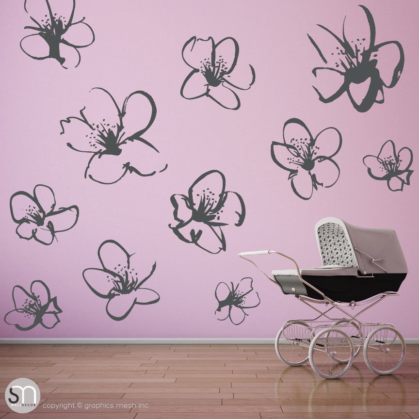 HAND DRAWN BLOSSOM FLOWERS - Quote Wall decals dark grey