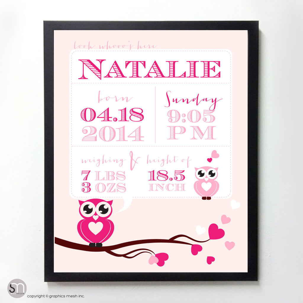 LOOK WHOOO'S HERE - PERSONALIZED OWL ANNOUNCEMENT PRINT