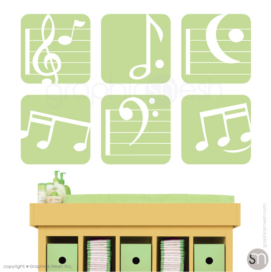 MUSIC NOTES BOXED - SET OF 6 - Wall Decals key lime pie color