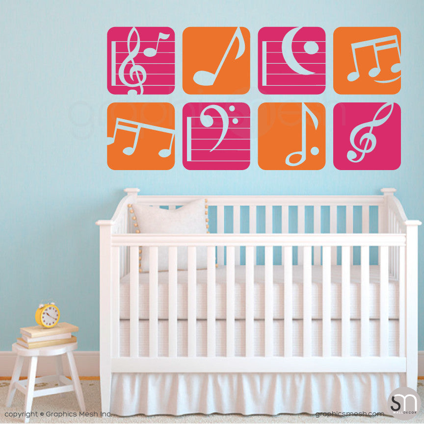 MUSIC NOTES BOXED - Wall Decals orange and hot pink