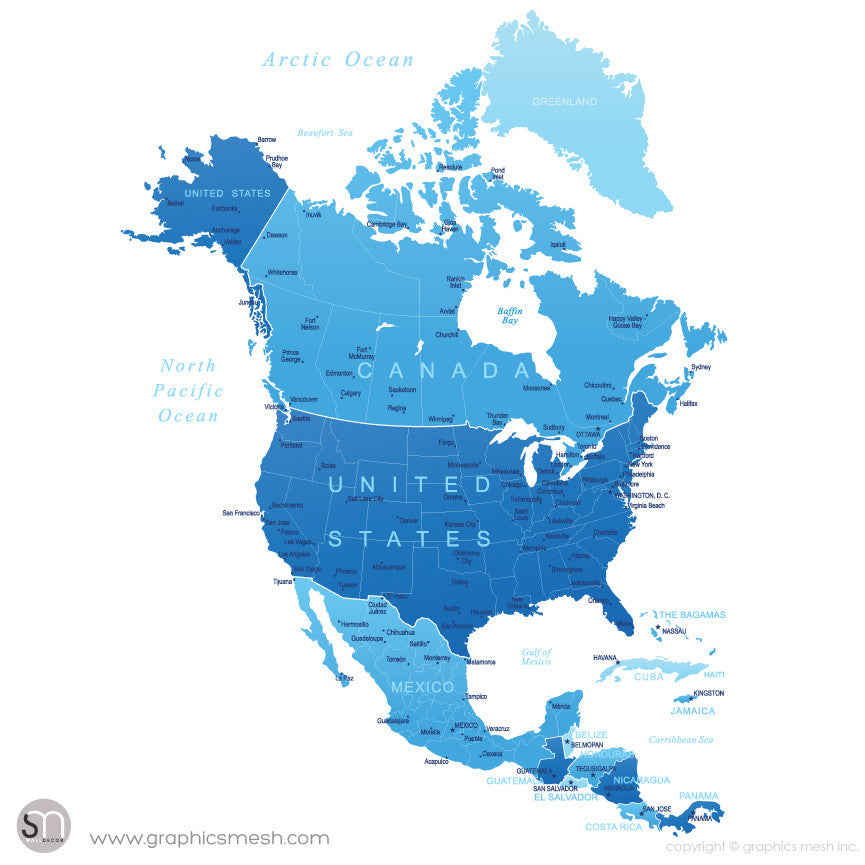 BLUE NORTH AMERICA MAP - DRY ERASE WALL DECAL