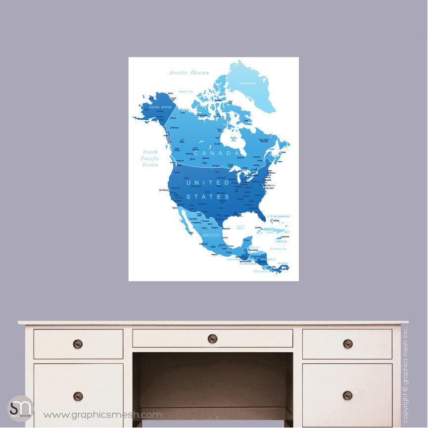 BLUE NORTH AMERICA MAP - DRY ERASE WALL DECAL Small