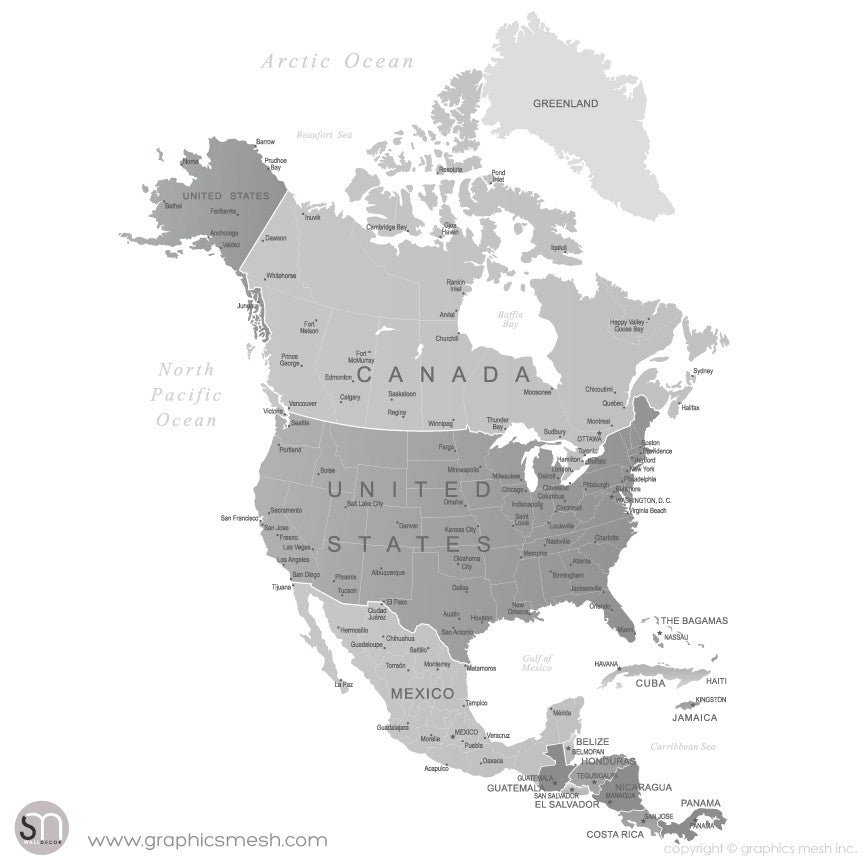 GREY NORTH AMERICA MAP - DRY ERASE WALL DECAL
