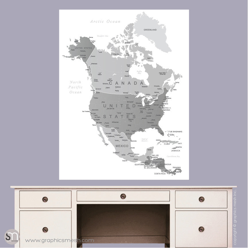 GREY NORTH AMERICA MAP - DRY ERASE WALL DECAL Large