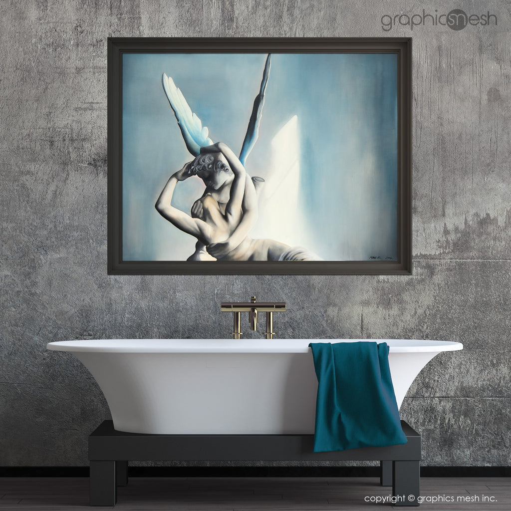 BLUE PSYCHE REVIVED BY CUPIDS KISS - Reproduction of Original Fine Art Painting - Glicee Print framed