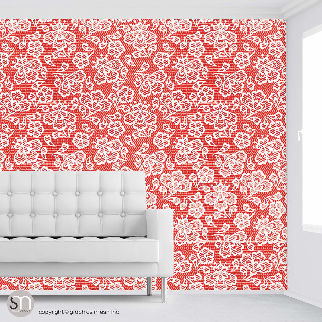 Floral Embroidery in Red Apple - Peel & Stick Abstract Wallpaper