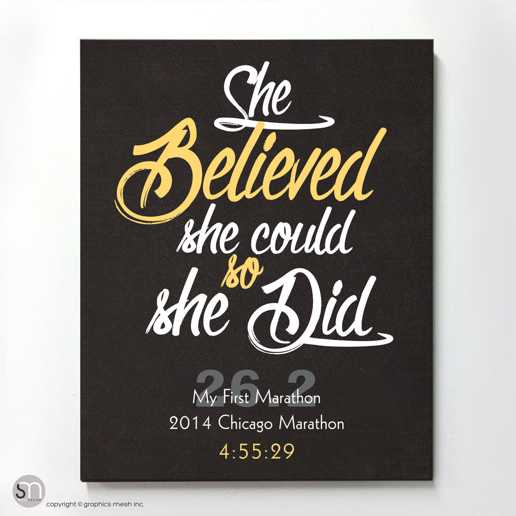 "She Believed She Could So She Did" - PERSONALIZED MARATHON ART PRINT yellow