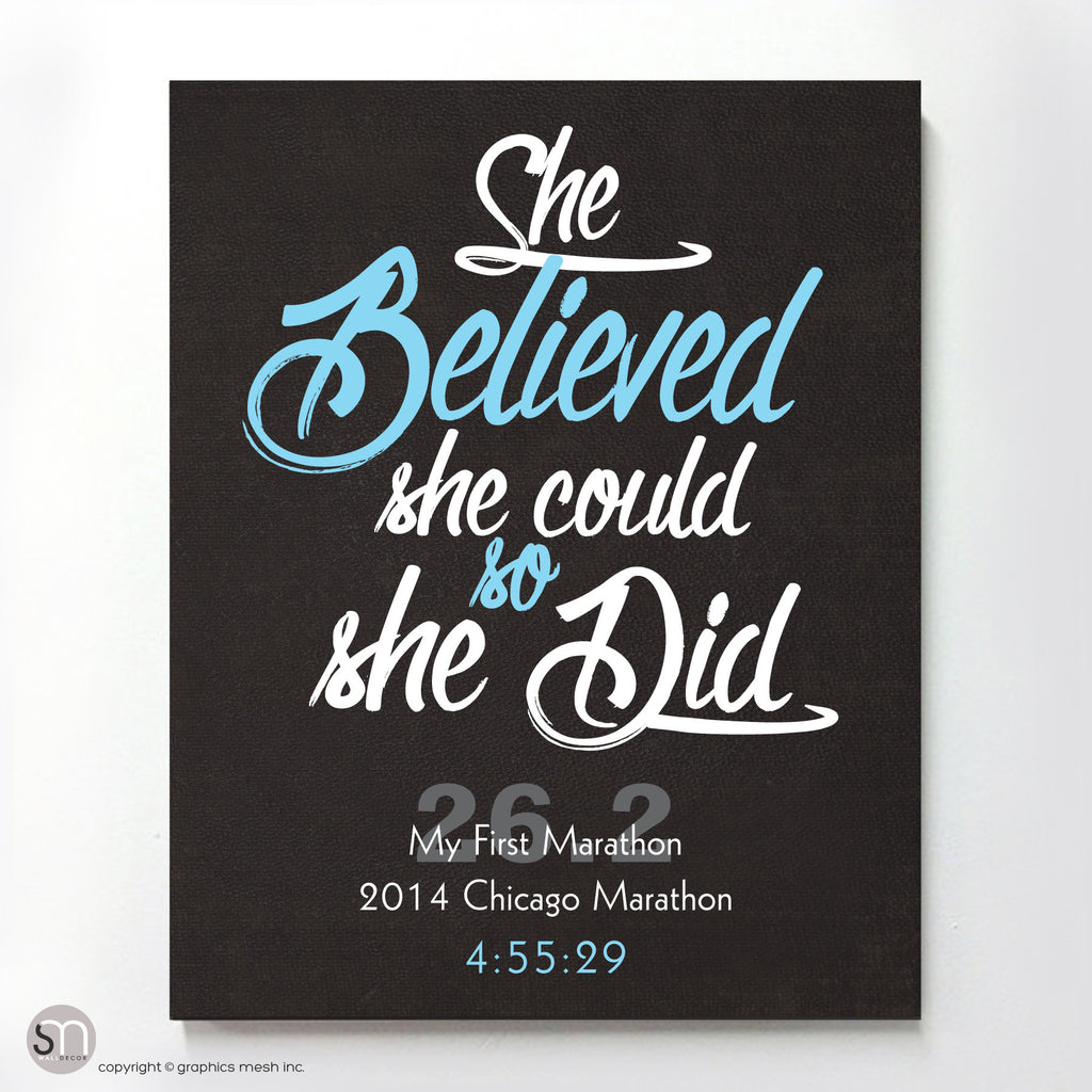 "She Believed She Could So She Did" - PERSONALIZED MARATHON ART PRINT blue 