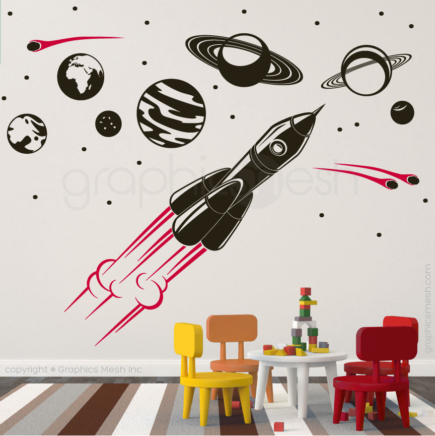ADVENTURE IN SPACE - SOLAR SYSTEM & SPACESHIP wall decals black and red