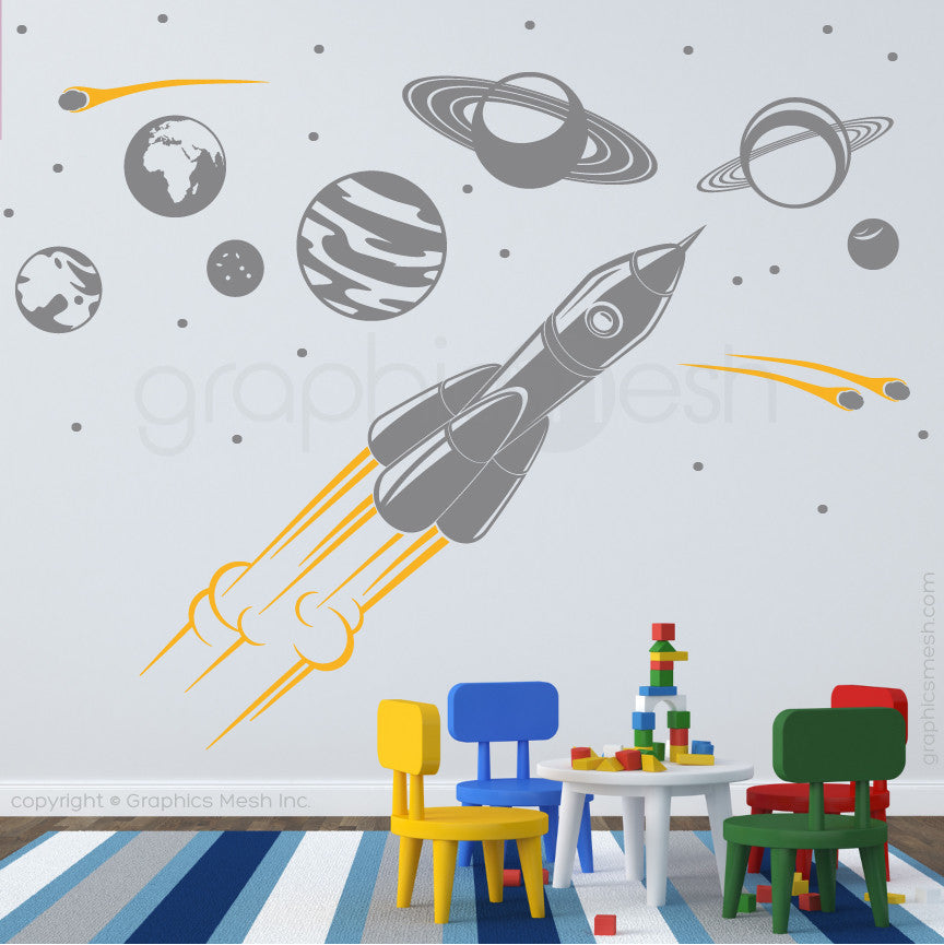 ADVENTURE IN SPACE - SOLAR SYSTEM & SPACESHIP wall decals slate and yellow