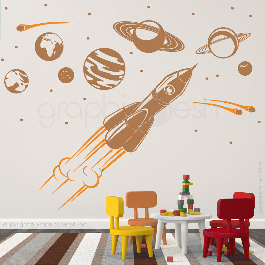 ADVENTURE IN SPACE - SOLAR SYSTEM & SPACESHIP wall decals light brown and golden yellow