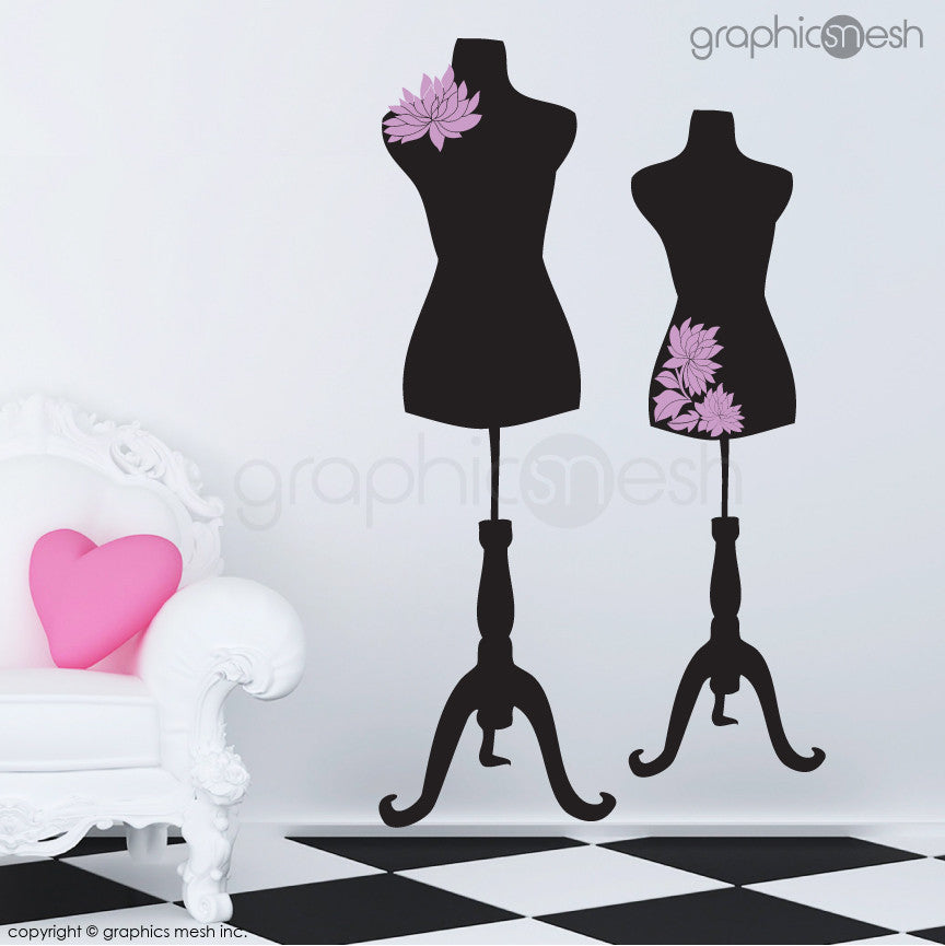 Two Mannequins for tailors with flowers - Dress form wall decals pink