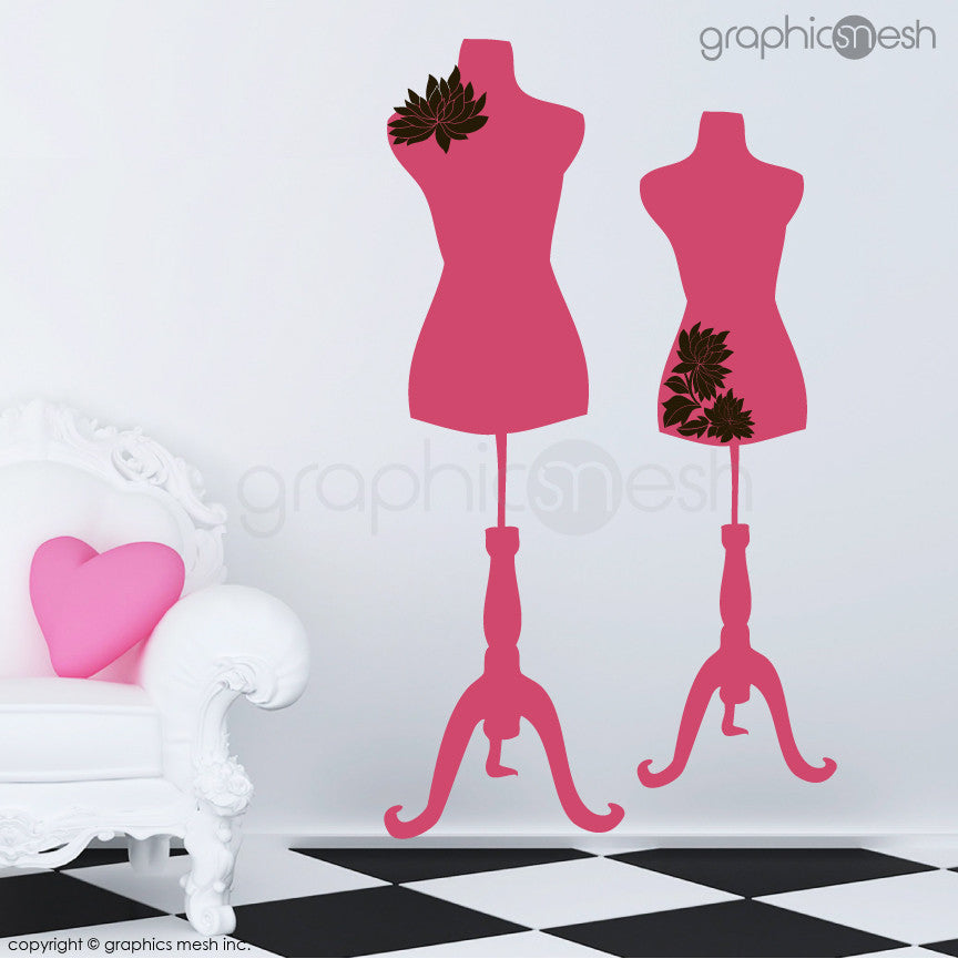 Two Mannequins for tailors with flowers - Dress form wall decals hot pink