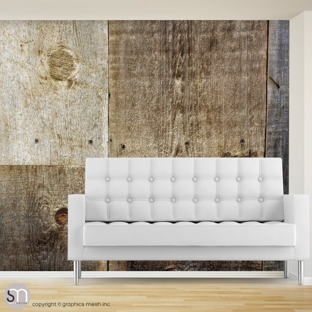 Weathered wood wall mural in living room