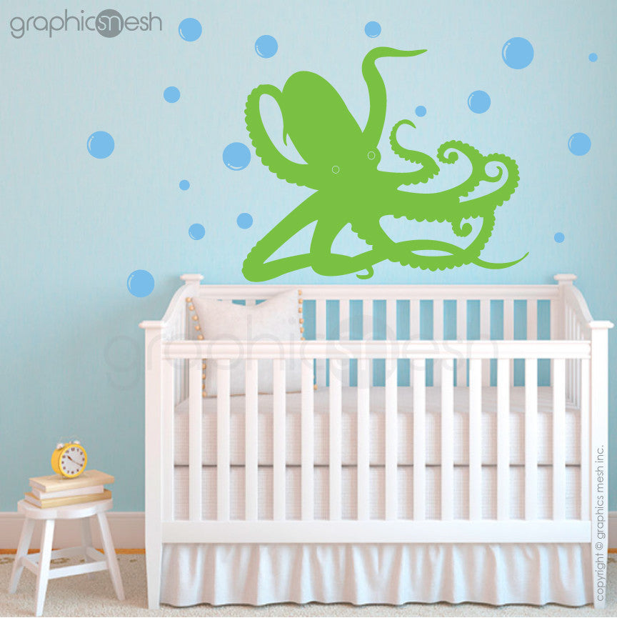 OCTOPUS UNDERWATER WITH BUBBLES - lime wall decals