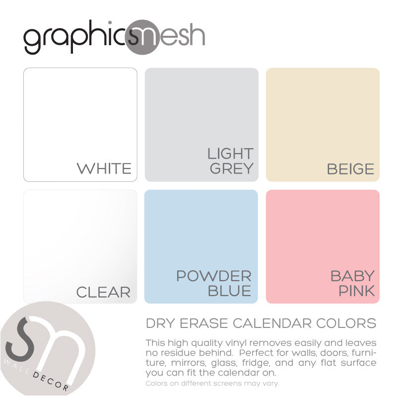 Dry Erase Calendar Decal Set of three colors avaiable