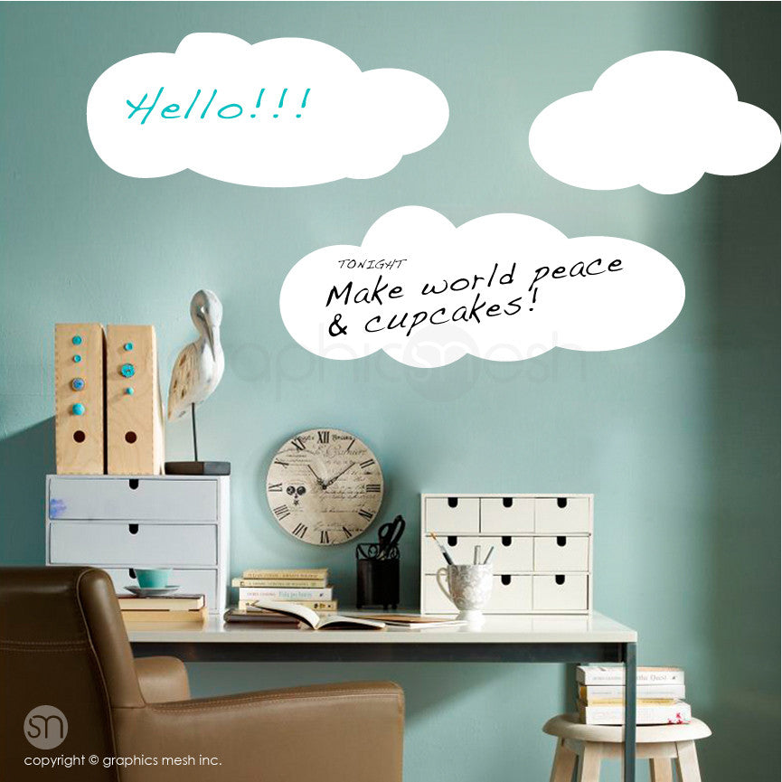 CARTOON CLOUDS MEMO - DRY ERASE WALL DECALS white on green walll