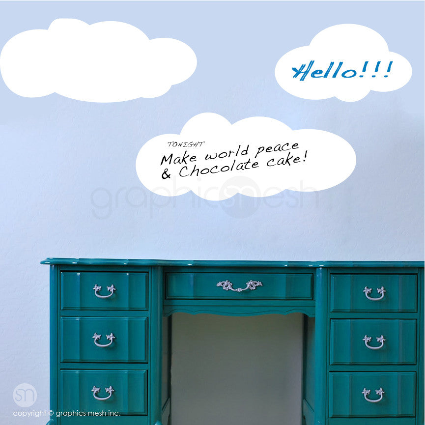 CARTOON CLOUDS MEMO - DRY ERASE WALL DECALS white on blue wall