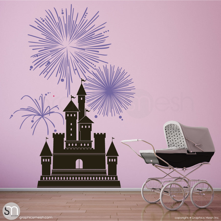CASTLE WITH FIREWORKS - Wall decal large black and lavender