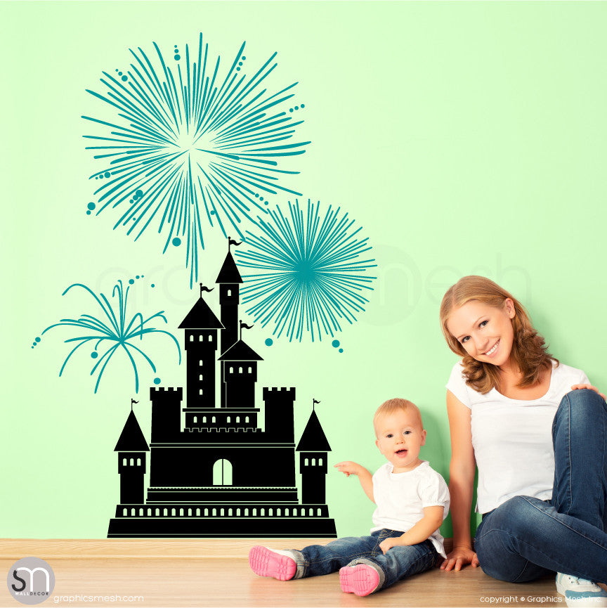CASTLE WITH FIREWORKS - Wall decal small black and teal