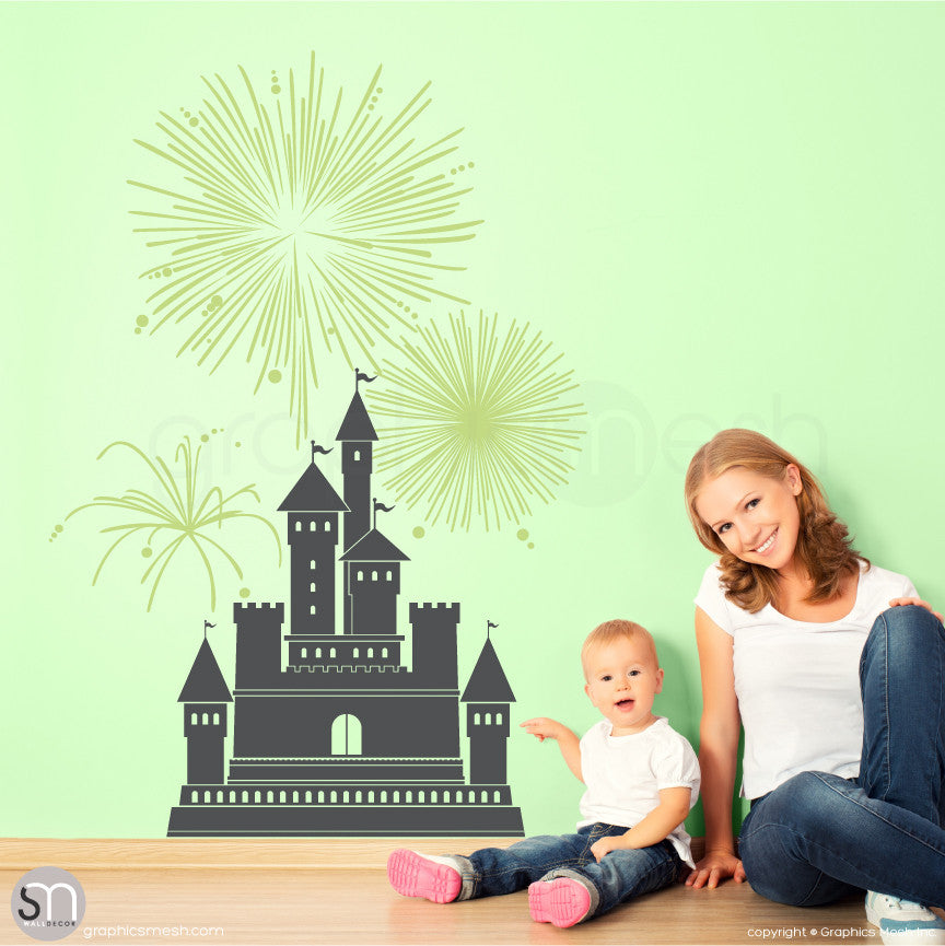 CASTLE WITH FIREWORKS - Wall decal small grey and key lime pie