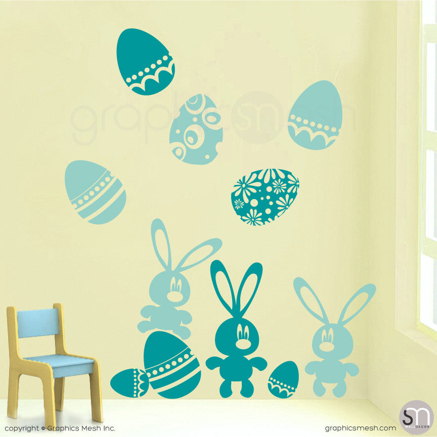 Easter bunnies and eggs in Ice Blue and Turquoise 