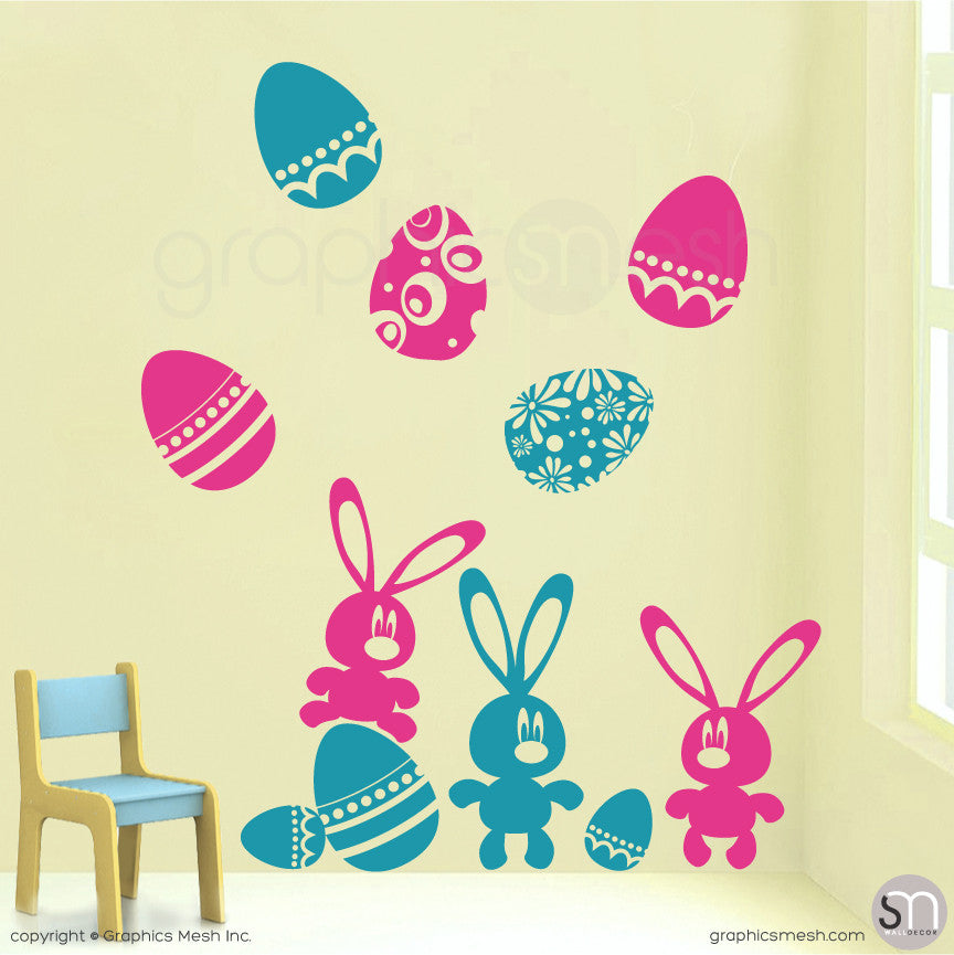 Easter bunnies and eggs in Hot pink and Light Blue