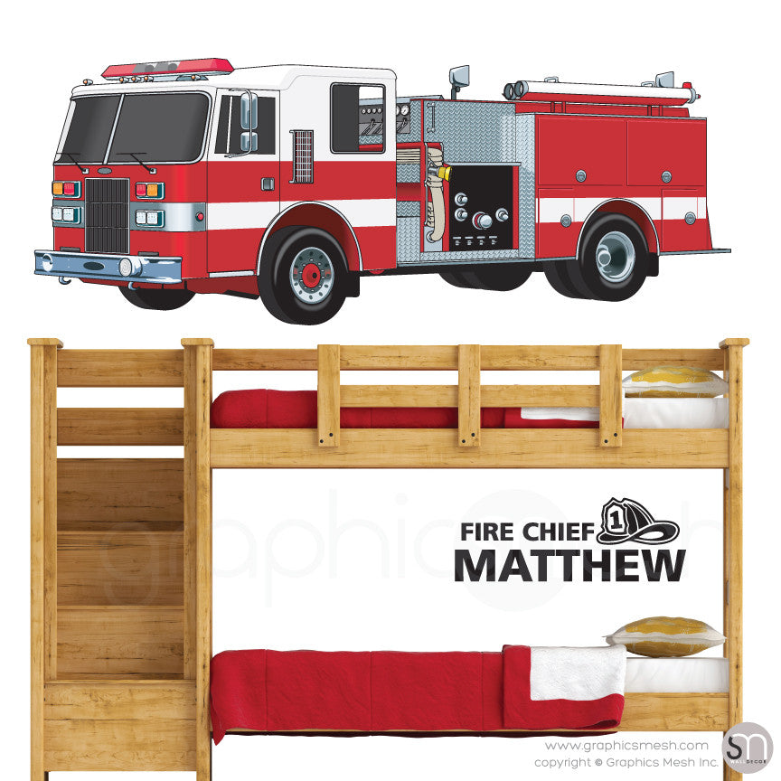 Fire Chief Personalized Name & Fire Truck - Wall decals large black