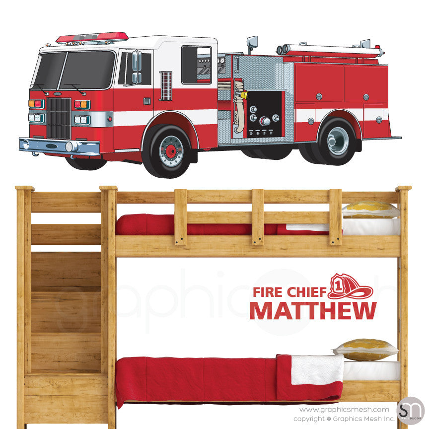Fire Chief Personalized Name & Fire Truck - Wall decals large red