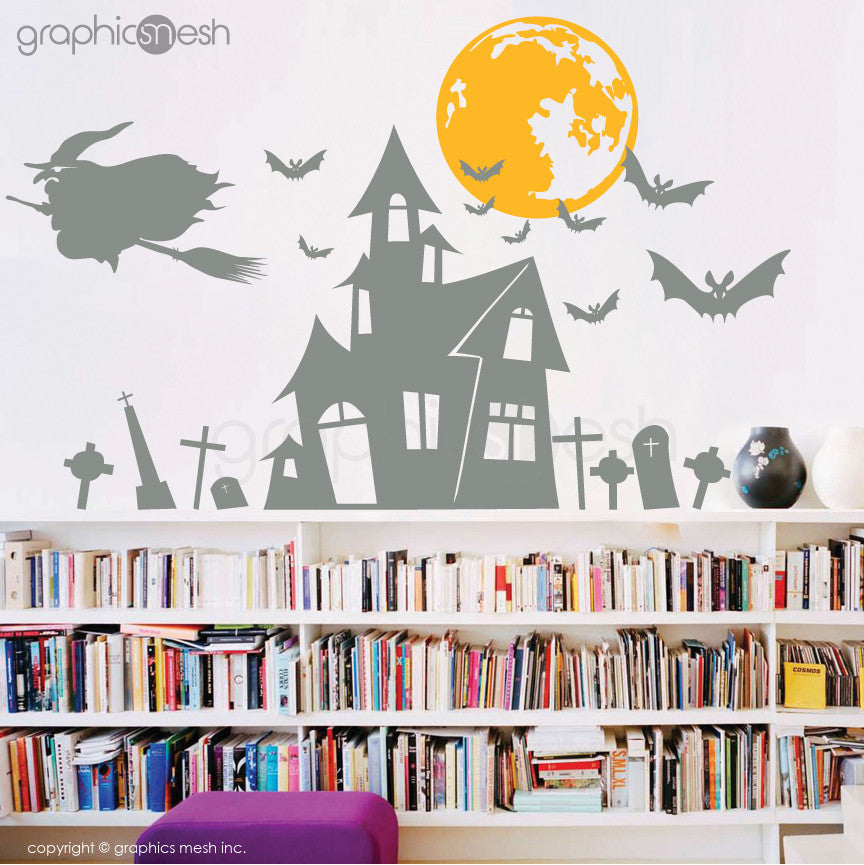 Halloween Witch's hunted house - Holiday wall decals grey and yellow
