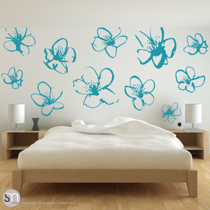 HAND DRAWN BLOSSOM FLOWERS - Quote Wall decals aqua