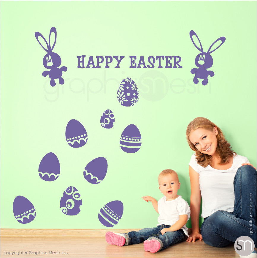 HAPPY EASTER BUNNY & EGGS SET - Wall decals lavender