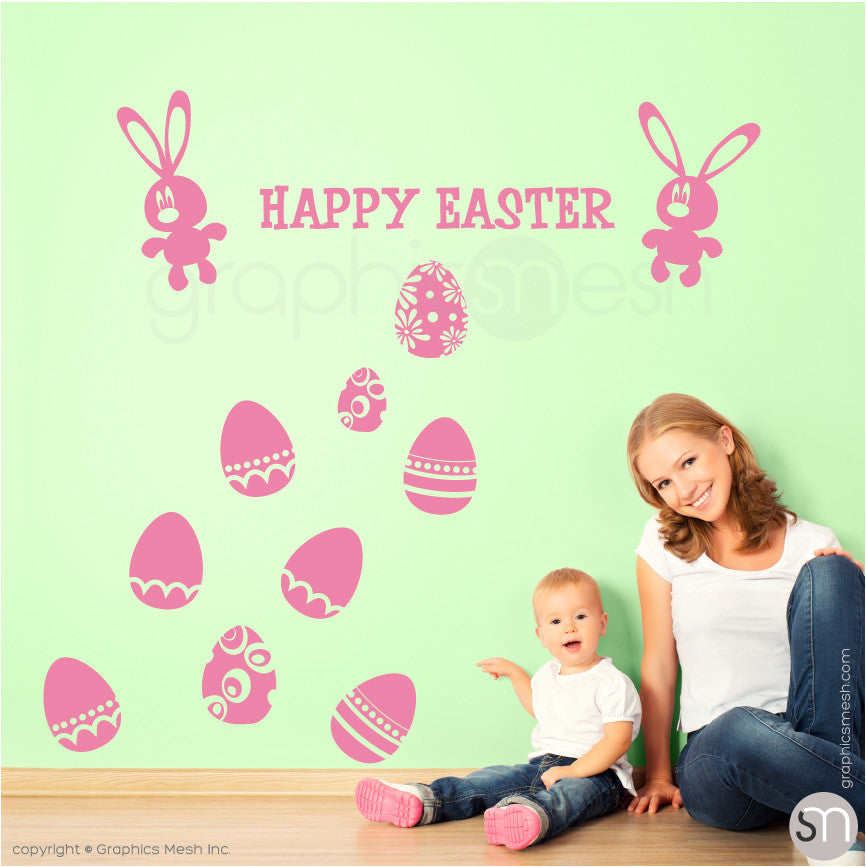 HAPPY EASTER BUNNY & EGGS SET - Wall decals pink