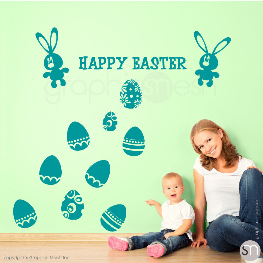 HAPPY EASTER BUNNY & EGGS SET - Wall decals turquoise