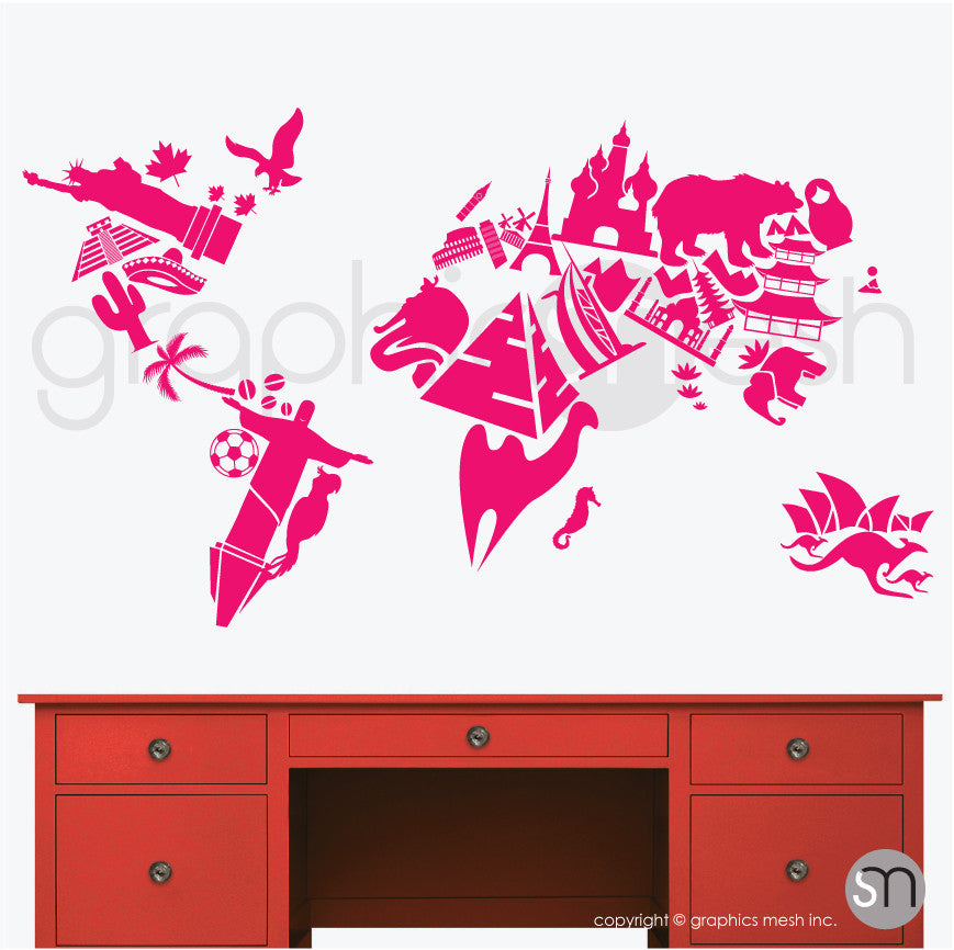 LANDMARKS WORLD MAP - Wall decals hot pink color
