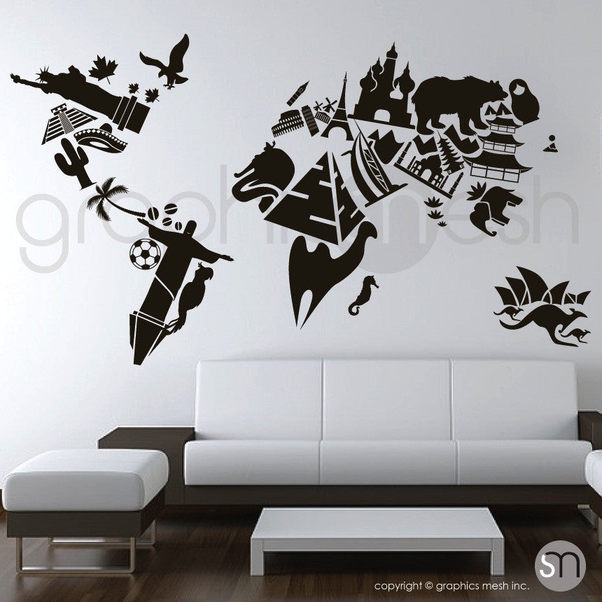 LANDMARKS WORLD MAP - Wall decals black color
