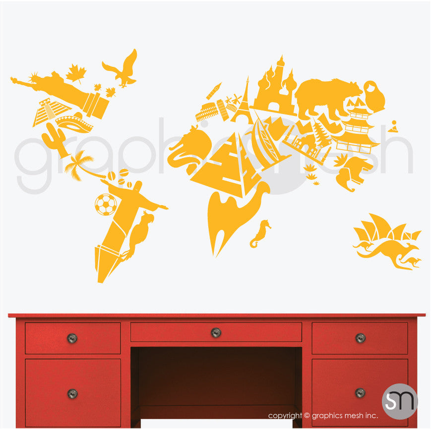 LANDMARKS WORLD MAP - Wall decals yellow color