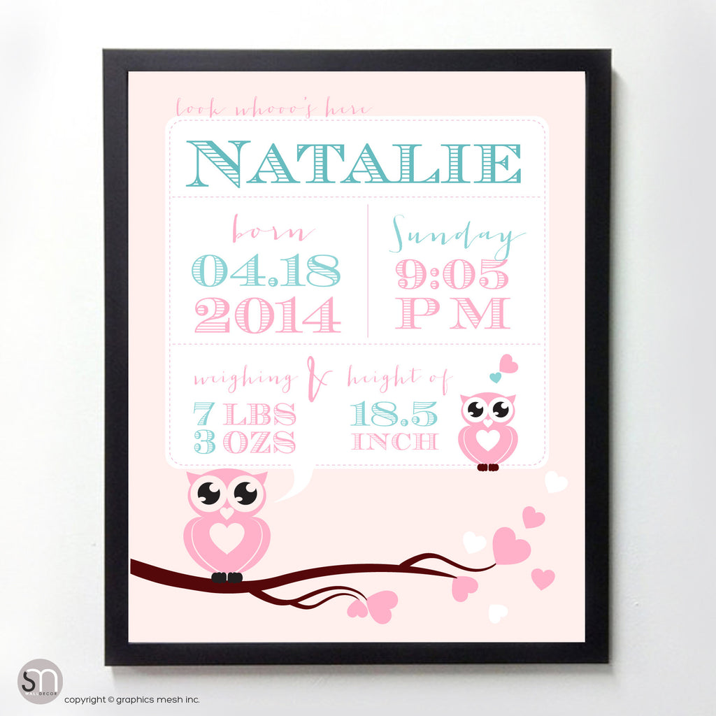 LOOK WHOOO'S HERE - PERSONALIZED OWL ANNOUNCEMENT PRINT