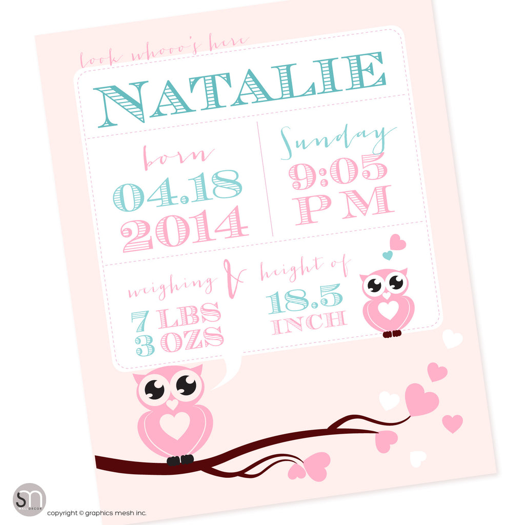 Pink poster for newborns - PERSONALIZED OWL ANNOUNCEMENT PRINT