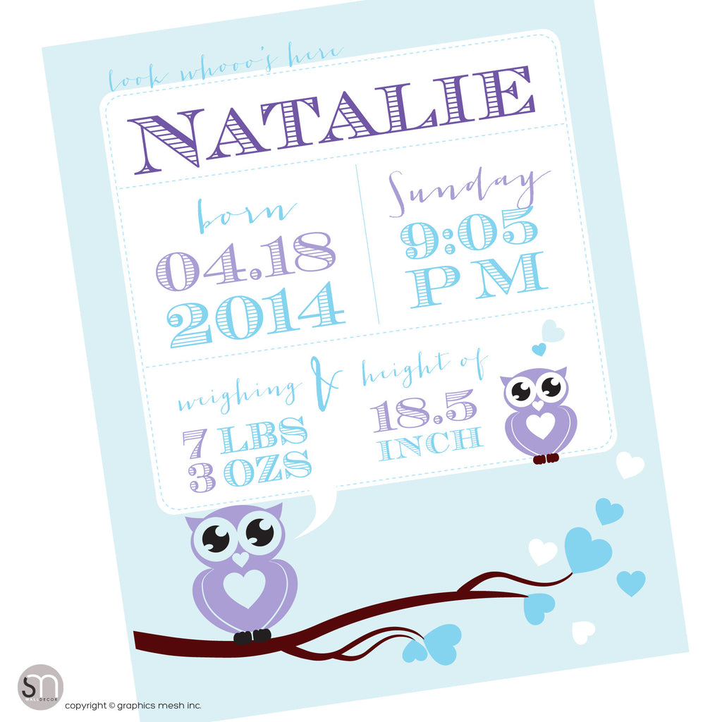 Blue poster for newborns - PERSONALIZED OWL ANNOUNCEMENT PRINT