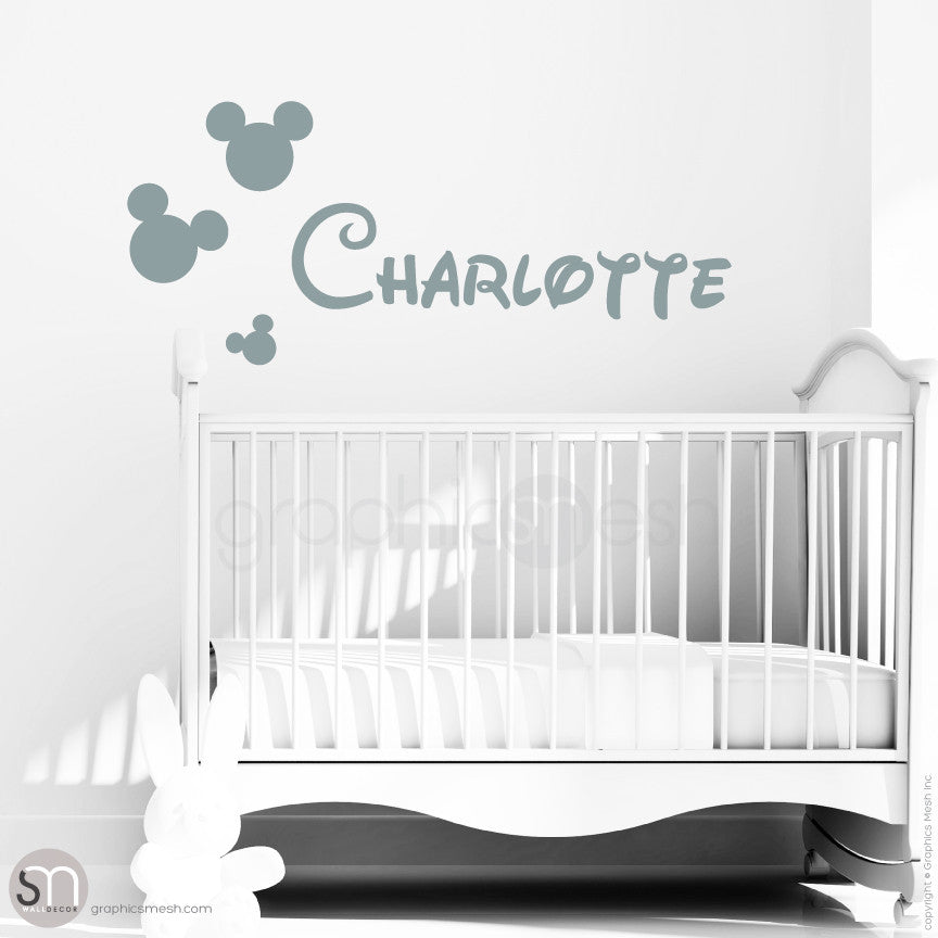 MICKEY MOUSE STYLE PERSONALIZED BABY NAME - Disney inspired wall decals Grey