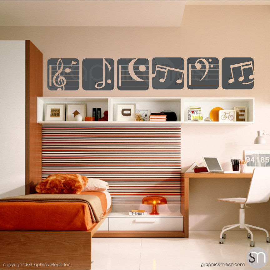 MUSIC NOTES BOXED - SET OF 6 - Wall Decals dark grey