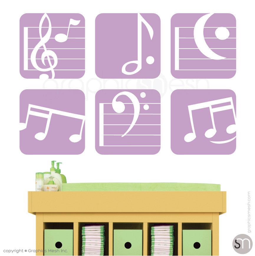 MUSIC NOTES BOXED - SET OF 6 - Wall Decals lilac
