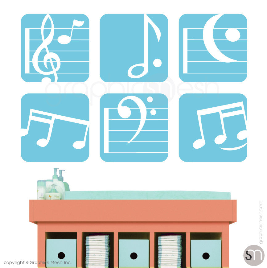 MUSIC NOTES BOXED - SET OF 6 - Wall Decals sea blue